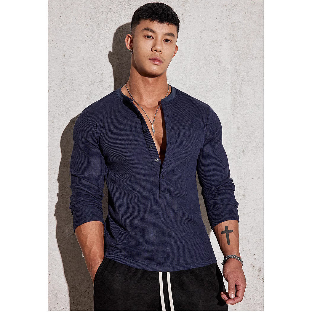 Herren Langarmshirt Waffelstruktur Modern mit Knöpfen