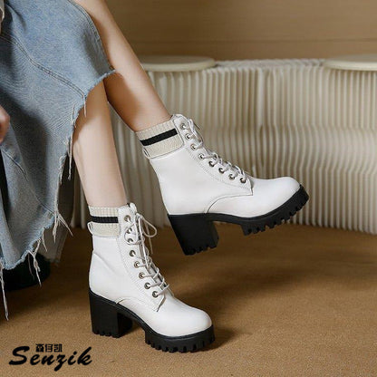 Damen Stiefel Schnürstiefel mit Blockabsatz Robust und Elastisch - BerlinGlamour