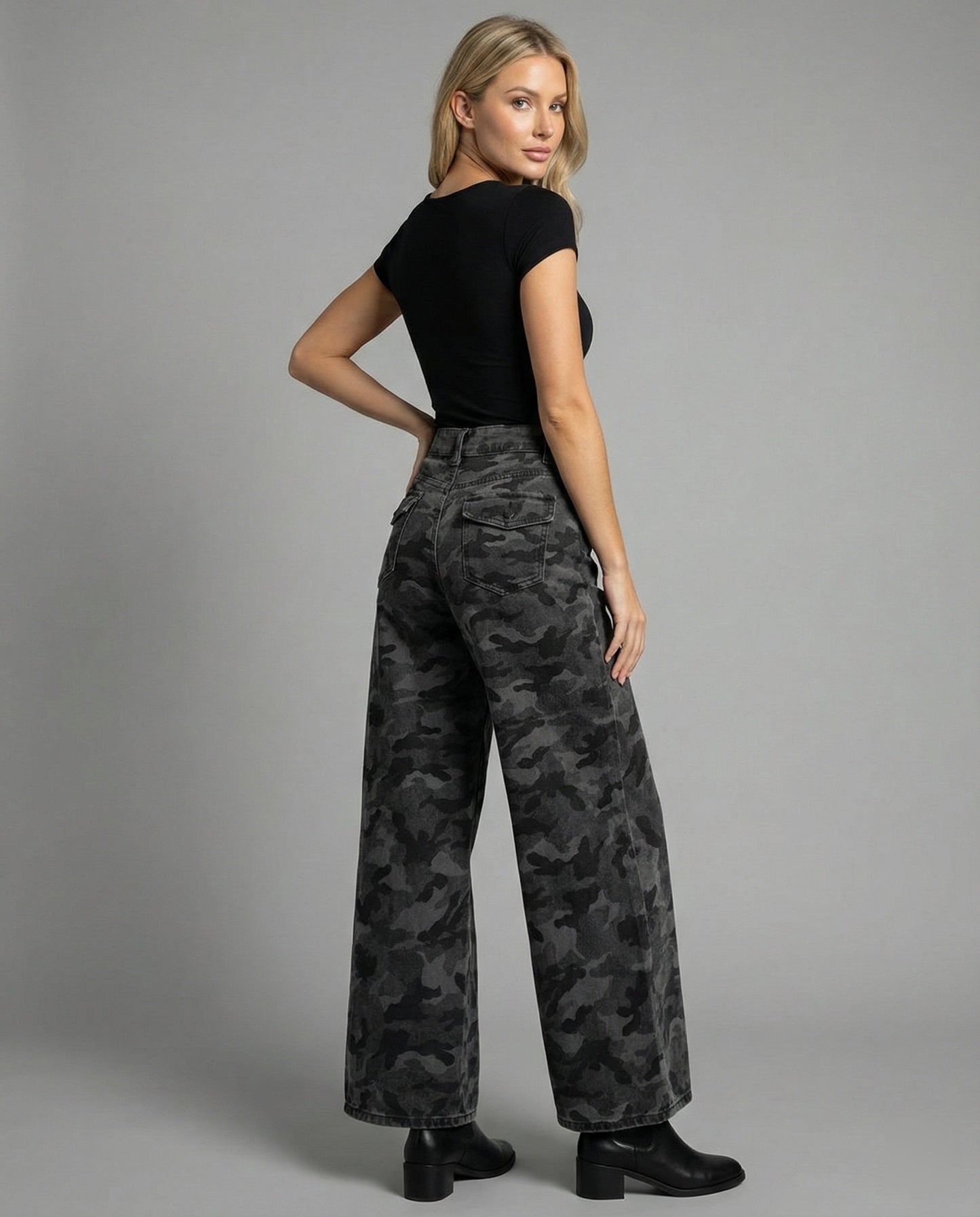 Extraweite Damen Palazzo-Hose Camouflage Größe XL Hochwand