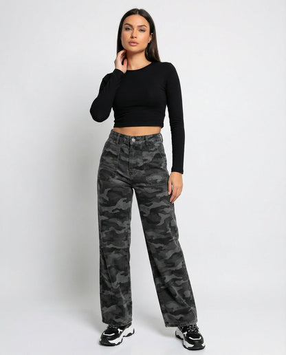 Extraweite Damen Palazzo-Hose Camouflage Größe XL Hochwand