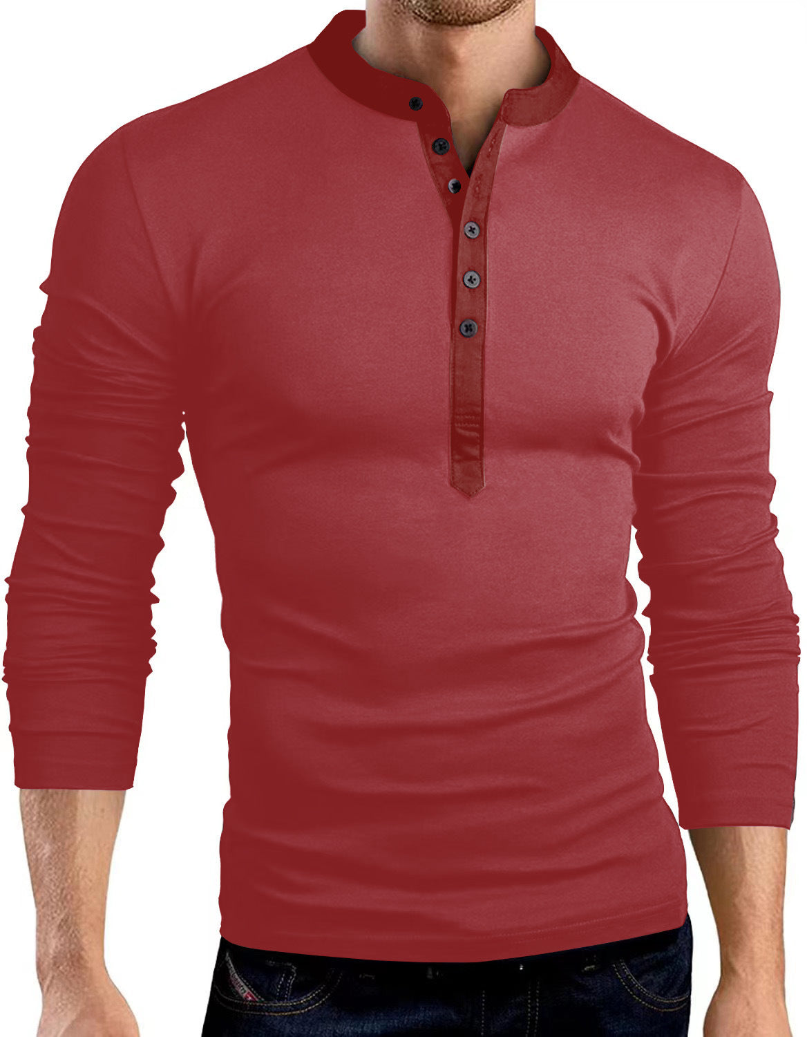 Herren Langarmshirt Henley Kragen Kontrastknöpfe Modern