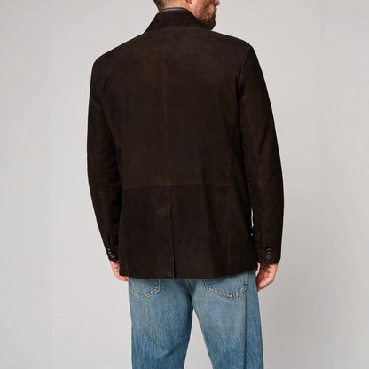 Herren Lederjacke Klassisch Stehkragen Ledermantel Schwarz