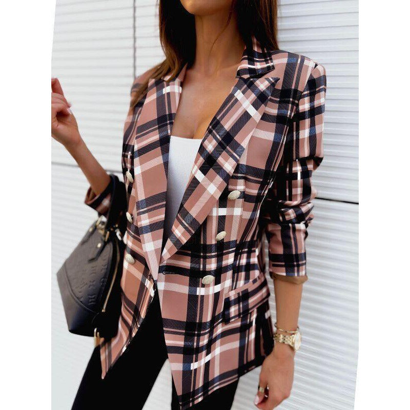 Damen Blazer Karierter Doppelreiher Elegant Modern