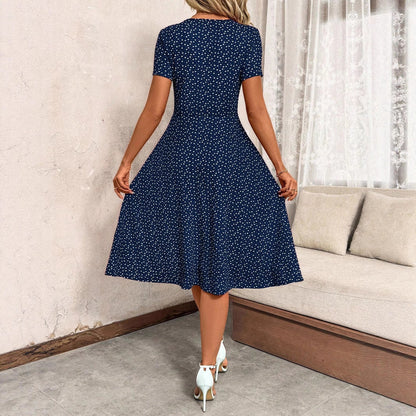 Knielanges Damenkleid V-Ausschnitt Dekorativ Knöpfe Elegant