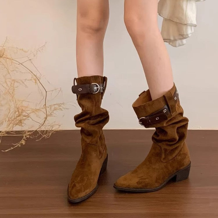 Damen Stiefel Wildleder Rustikal mit Falten-Design