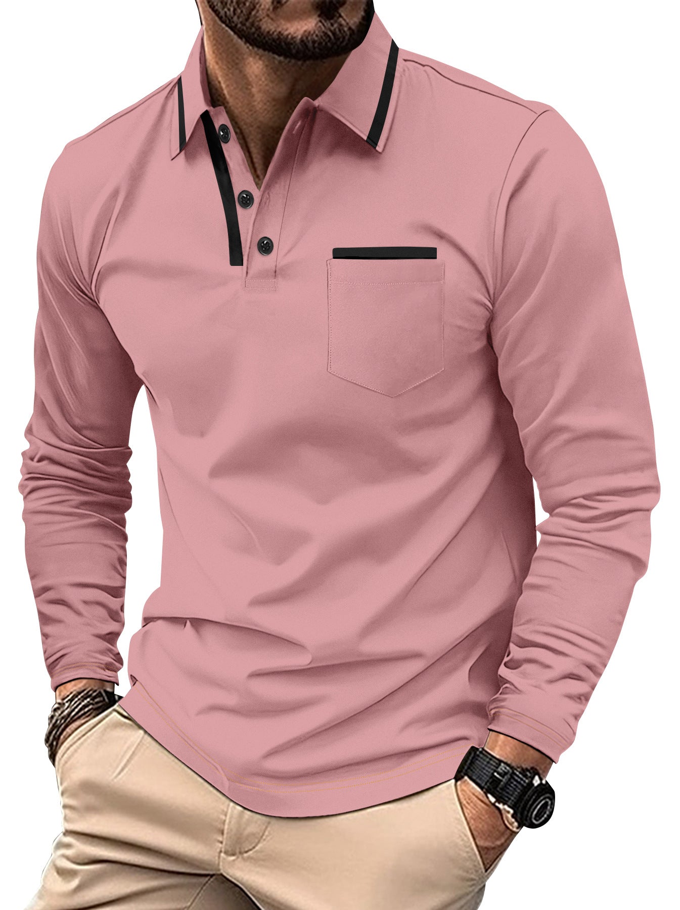 Herren Polohemd Langarm Elegant Kontrastdetails Modern
