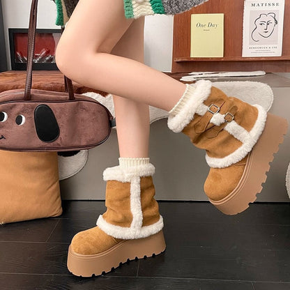 Damen Stiefeletten Flauschig Warm Schnallen Detail