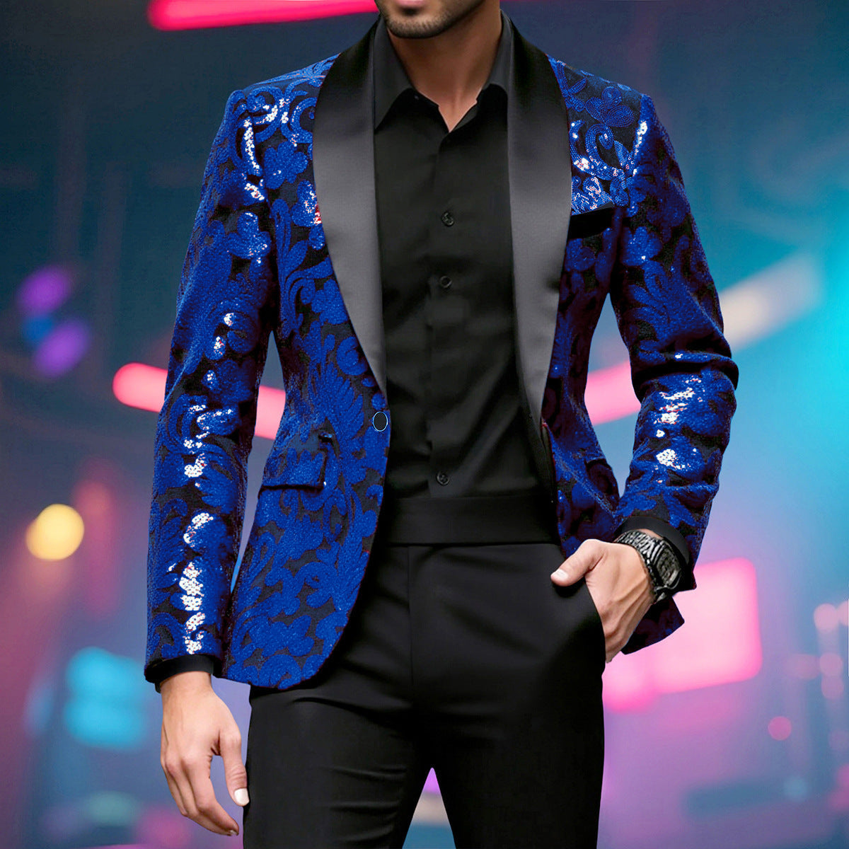 Herren Blazer Glitzer Pailletten Floral Modern