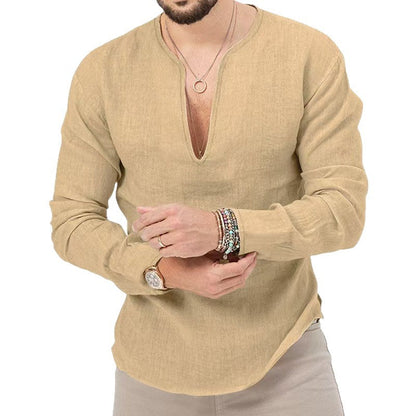 Herren Leinenbluse Leicht V-Ausschnitt Sommer