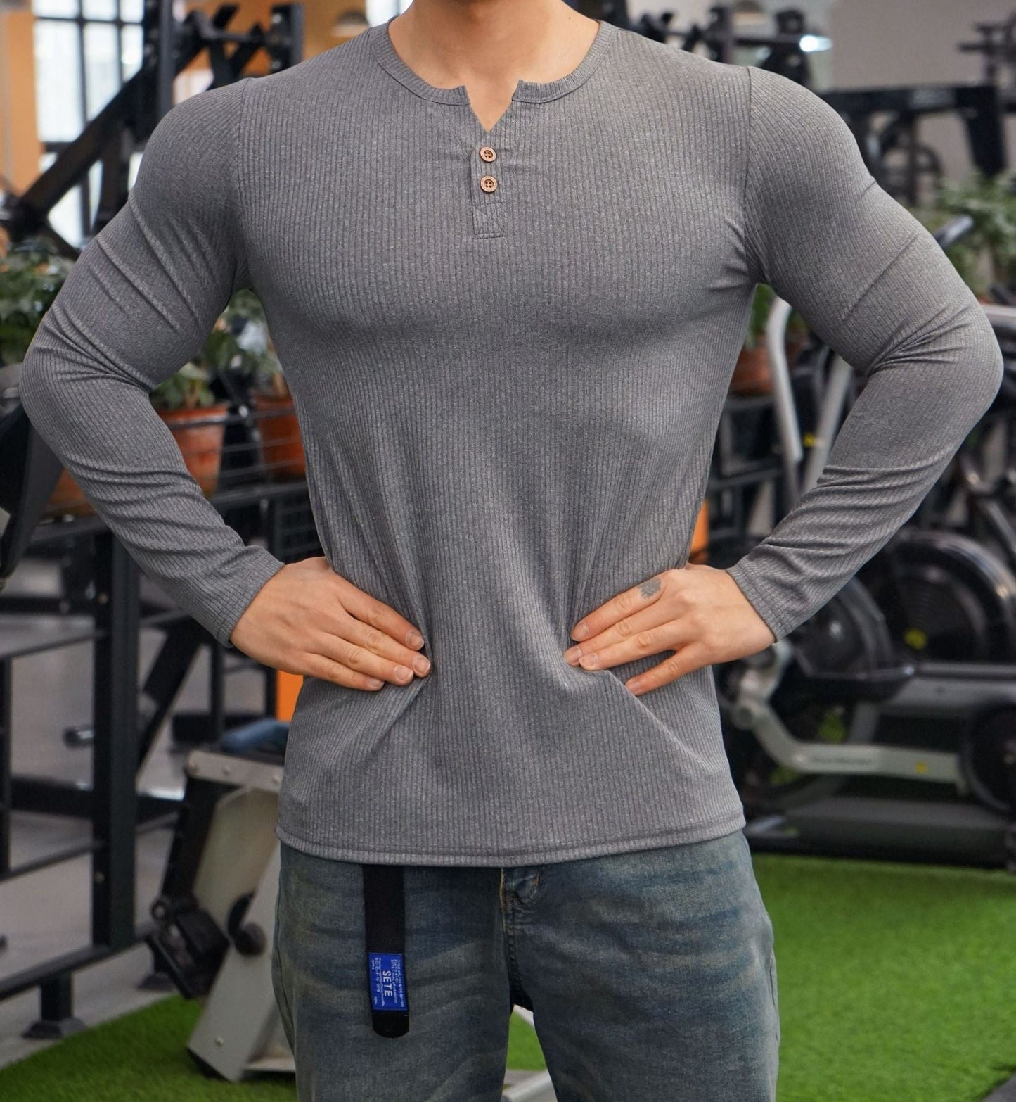 Herren Langarm Henley-Shirt Strukturiert Rippdesign Modern