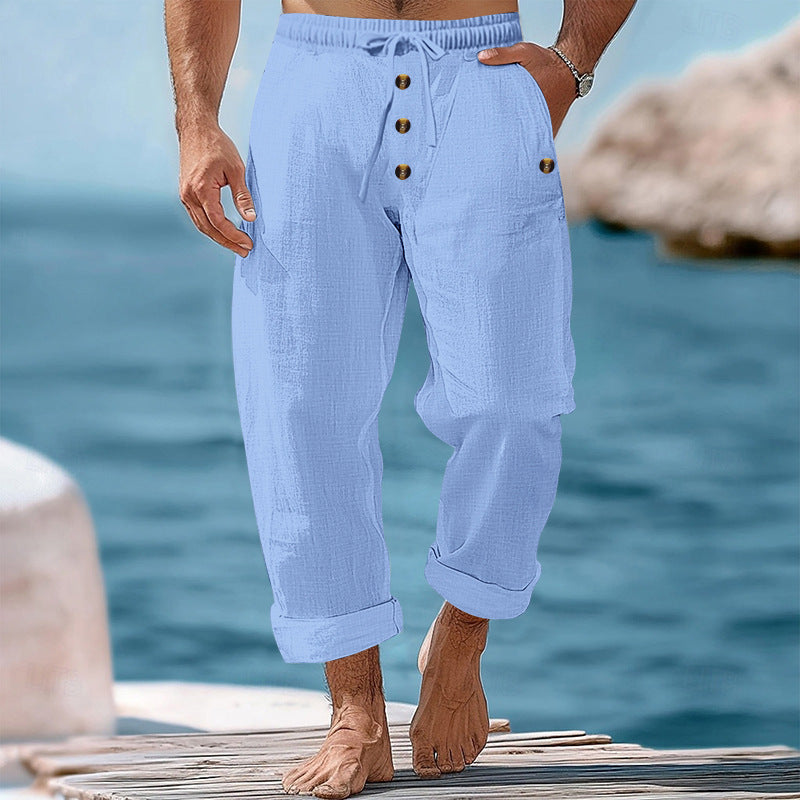 Herren Leinenhose Lässig Knopf Details Beige Sommerhose