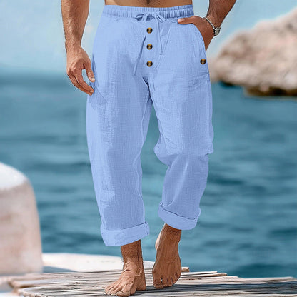 Herren Leinenhose Lässig Knopf Details Beige Sommerhose