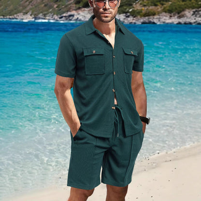 Herren Strandoutfit Shorts Hemd Set mit Taschen Sommer