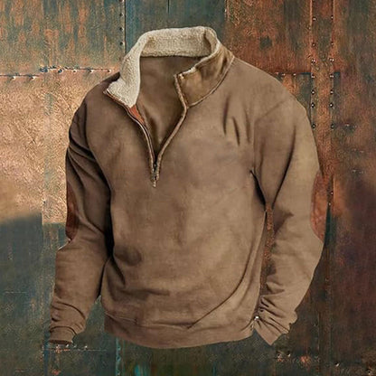 Herren Fleecepullover Lederkragen Ellbogenpatches Modern