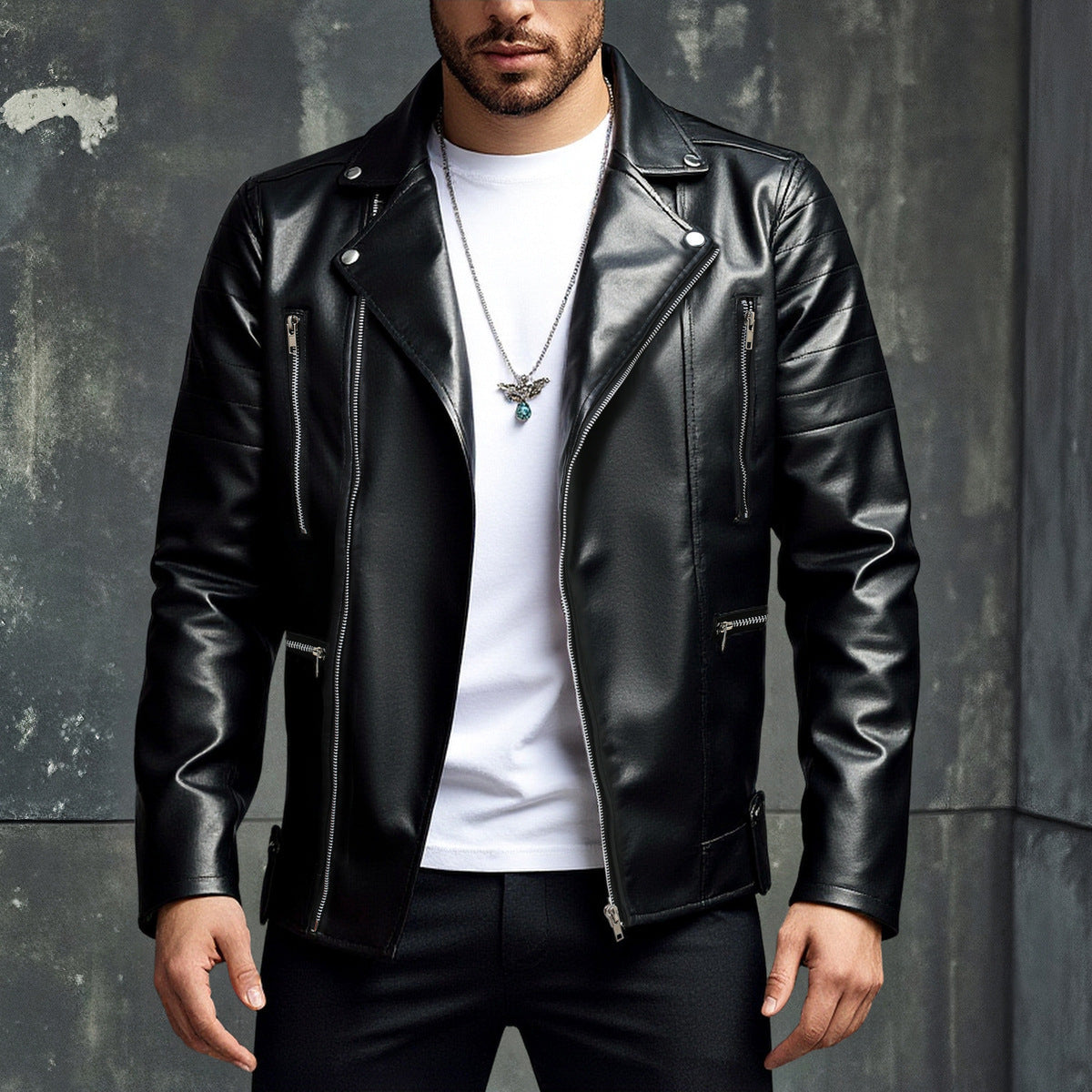 Lederjacke Herren Biker Stil Asymmetrisch Reißverschluss