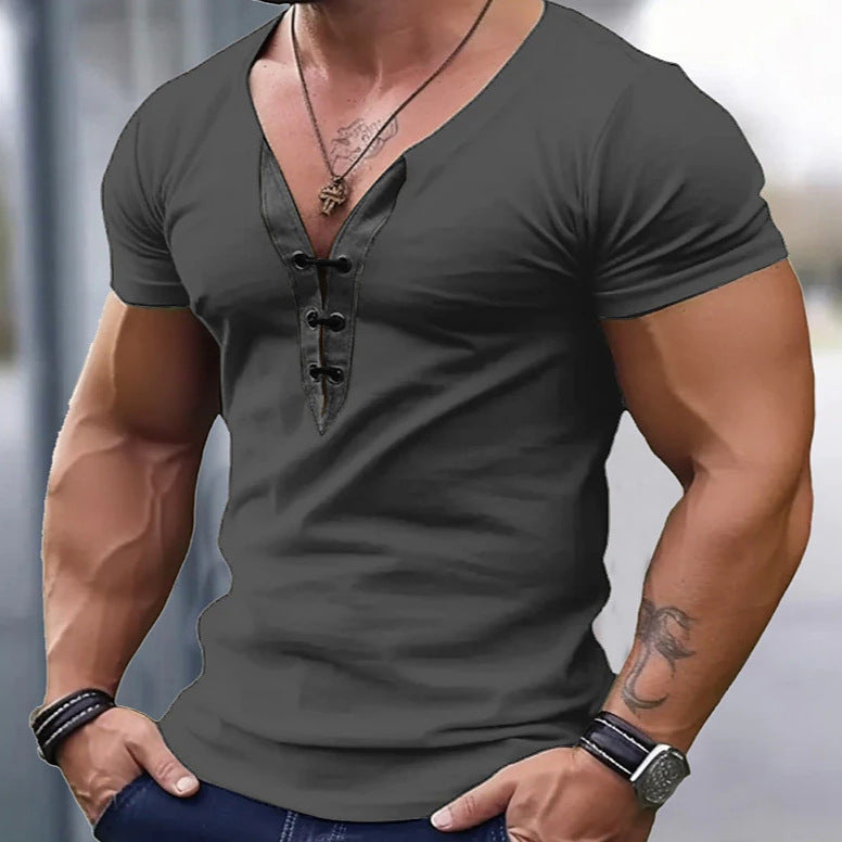Herren Kurzarmshirt Modern V-Ausschnitt Knopfdesign