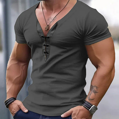 Herren Kurzarmshirt Modern V-Ausschnitt Knopfdesign