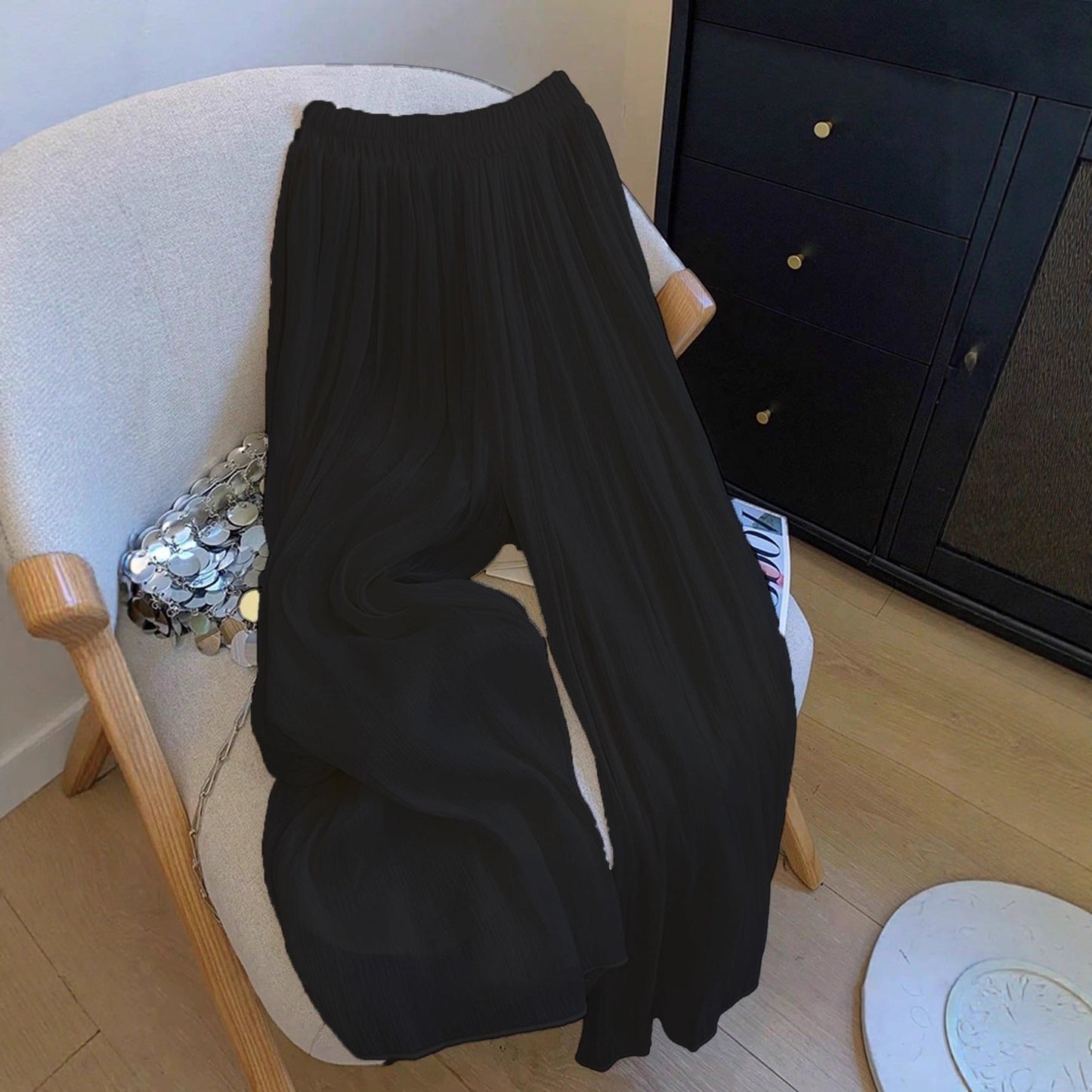 Damen Hose Plissee Weite Bequem Elastisch