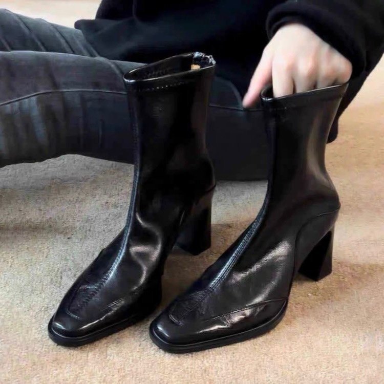 Damen Stiefeletten Elegante Schnitt Blockabsatz Schwarz