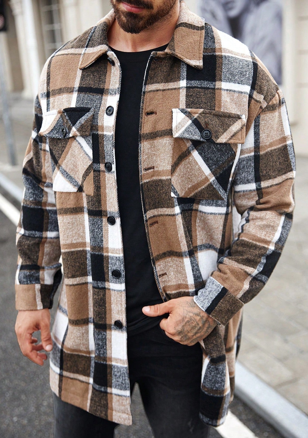 Herren Flanelljacke Kariert Modern mit Taschen