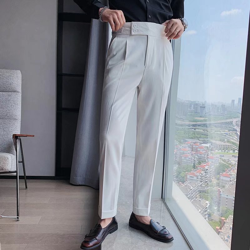 Herren Anzughose Elegant Hochtaillierter Bund Schmale Passform