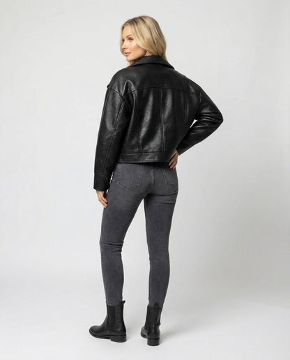 Kurze Lederjacke Damen Biker Style Schwarz