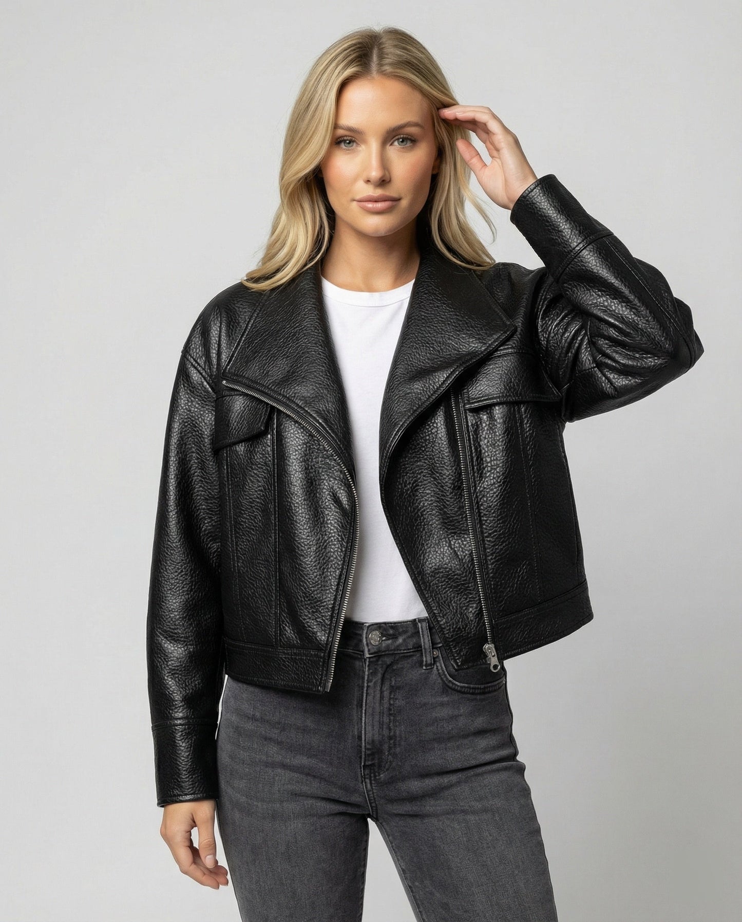 Kurze Lederjacke Damen Biker Style Schwarz - BerlinGlamour