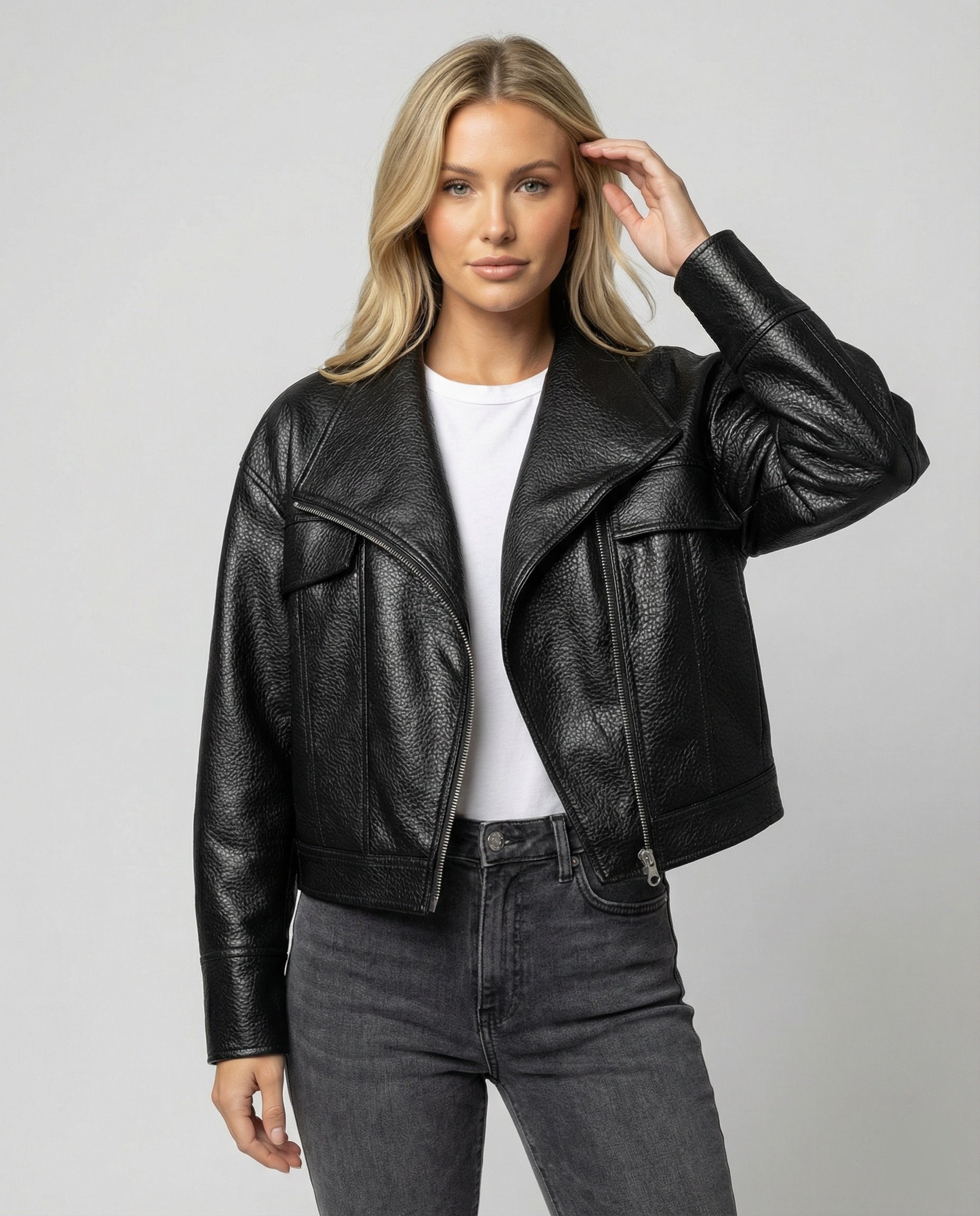Kurze Lederjacke Damen Biker Style Schwarz - BerlinGlamour