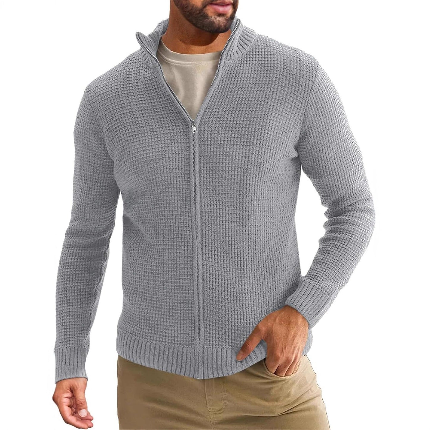Herren Strickjacke Lang Reißverschluss Hochkragen Winter