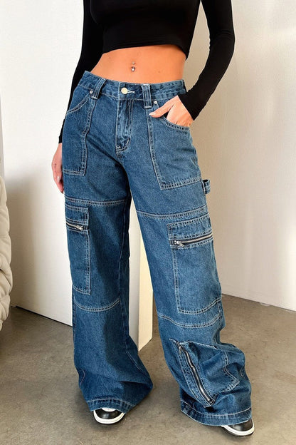 Damen Cargo Jeans Modern Praktisch Viel Taschen
