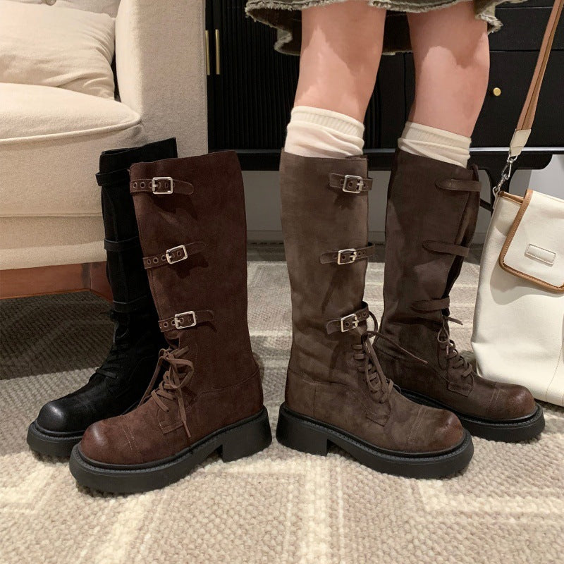 Damen Stiefel Overknee Plateau mit Schnallen Schwarz Modisch
