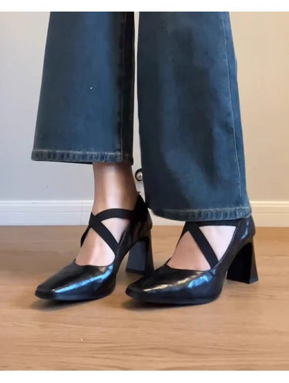 Damen Pumps mit Riemen Blockabsatz Elegante Schuhe