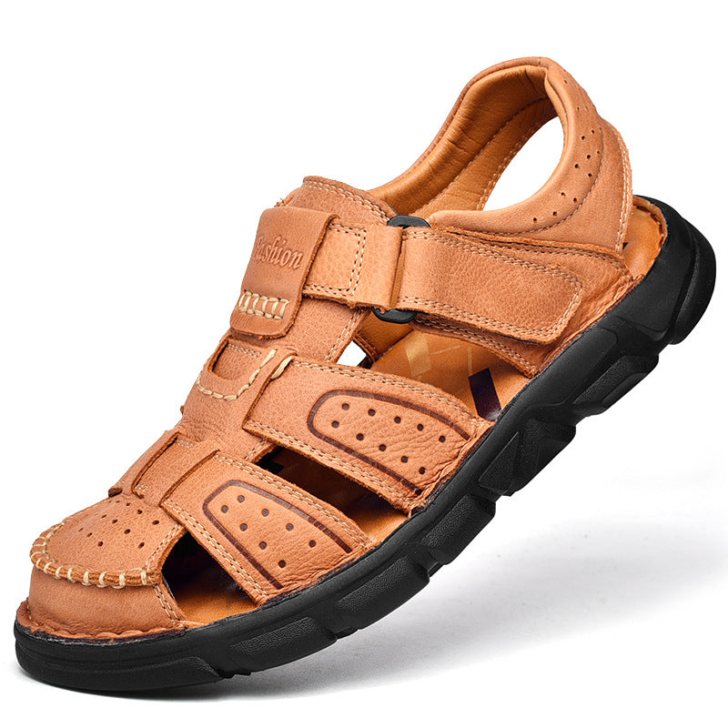Herren Leder Sandalen Rutschfest Verstellbar Klettverschluss