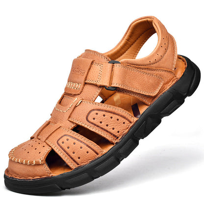 Herren Leder Sandalen Rutschfest Verstellbar Klettverschluss