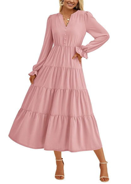 Damen Maxikleid Elegant Rüschendetails V-Ausschnitt Sommerkleid