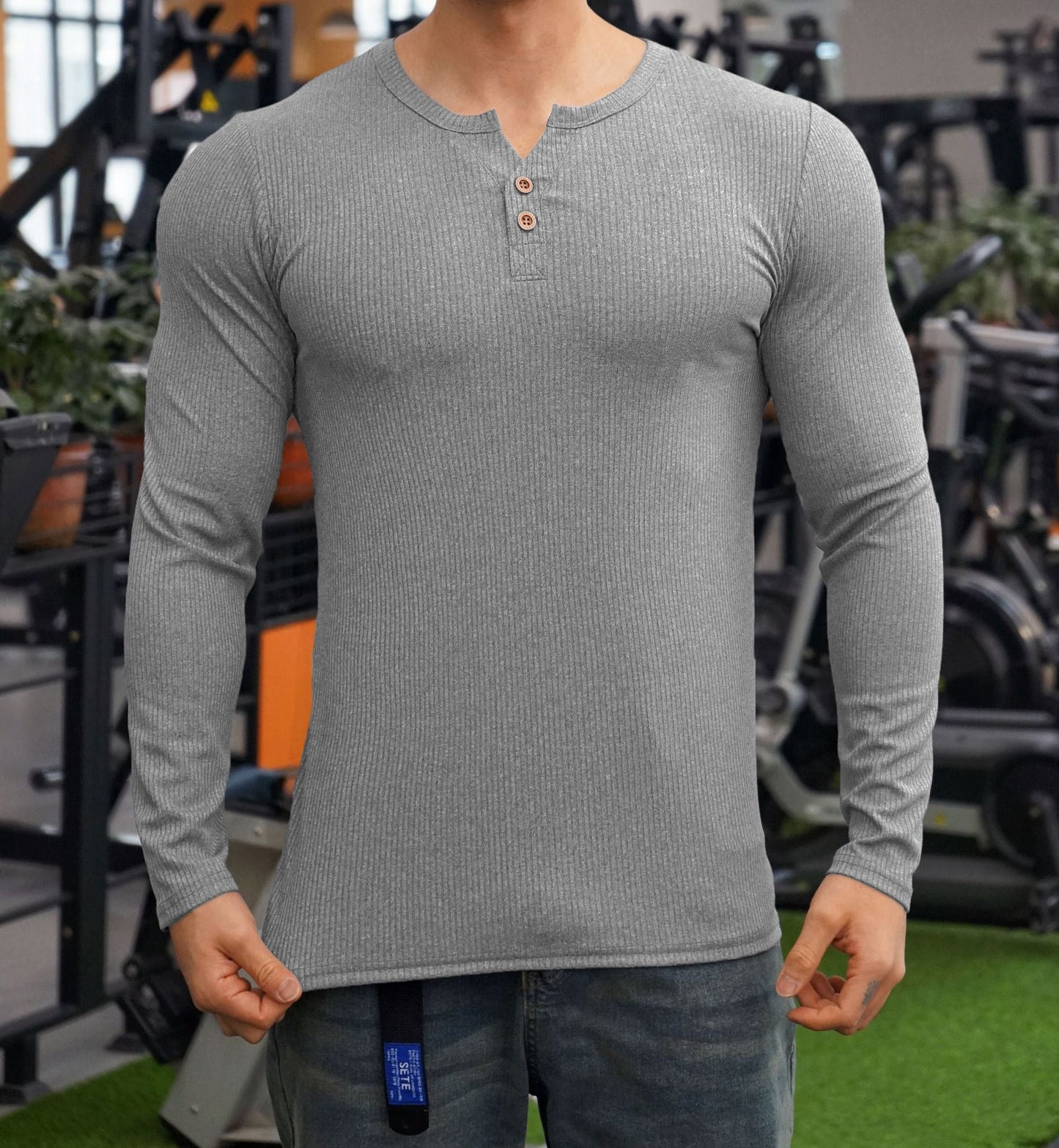 Herren Langarmshirt Strukturiert Knöpfe Modern