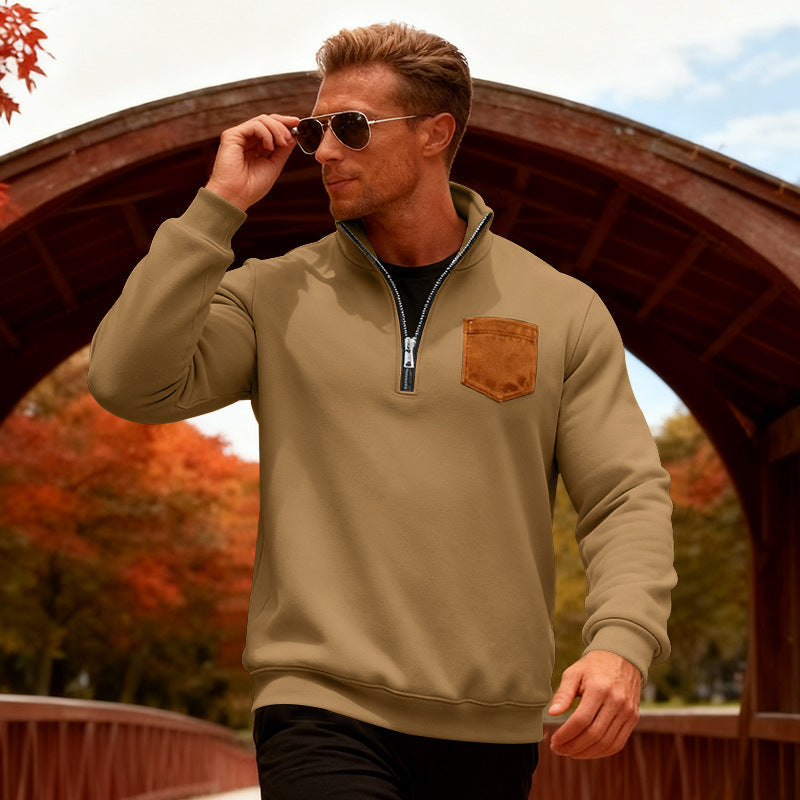 Herren Fleecepullover Mit Reißverschluss und Brusttasche Warm