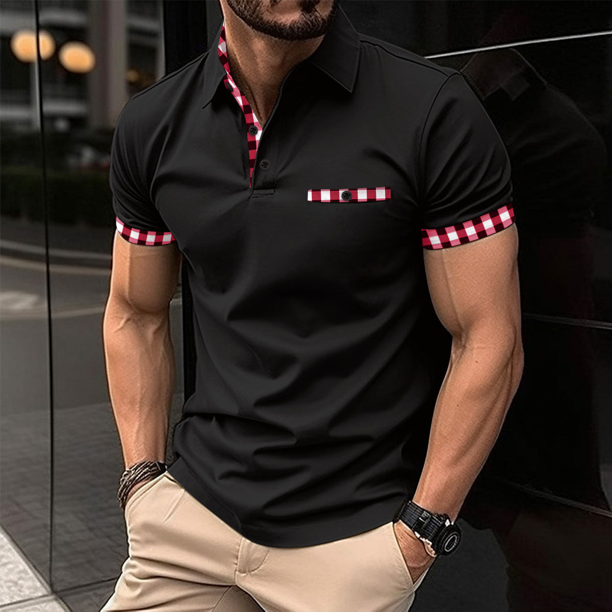 Herren Polohemd Modern mit Kontrastkragen und Seitentaschen