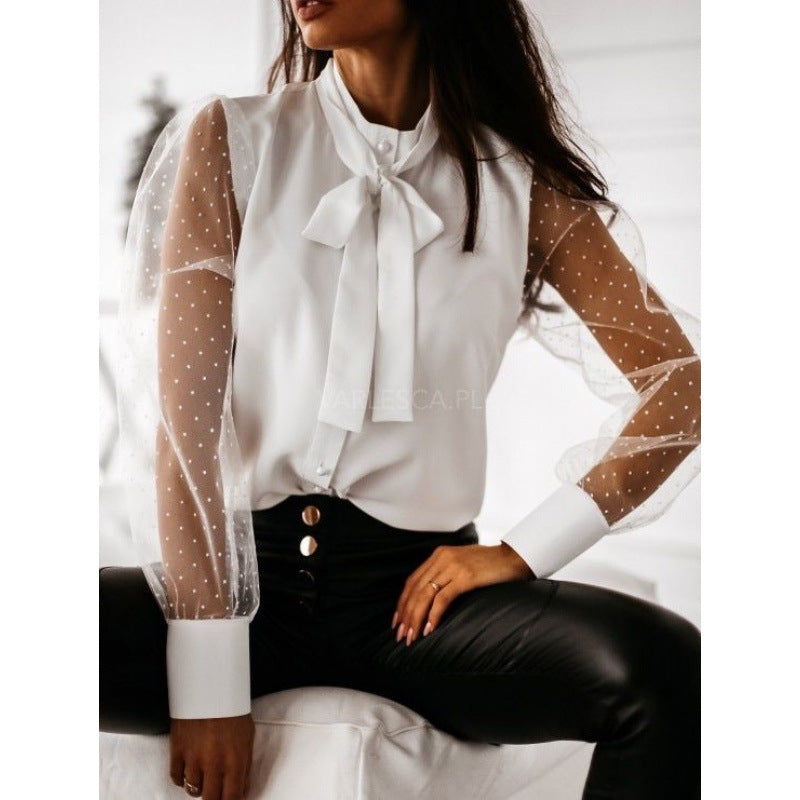 Damen Bluse Transparent Ärmel Elegante Bluse mit Schleife