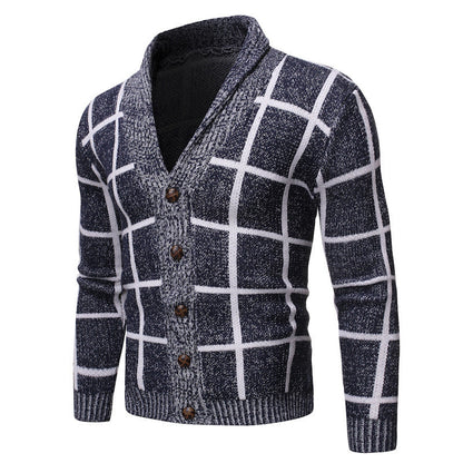 Herren Strickjacke Modern V-Ausschnitt Karomuster Schwarz