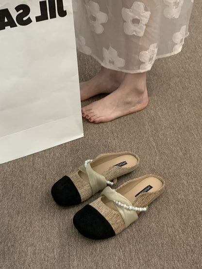 Damen Ballerina Schuhe Elegante Perlen Pantoletten
