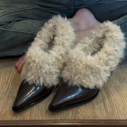 Damen Slipper Luxus Fell Spitze Zehen