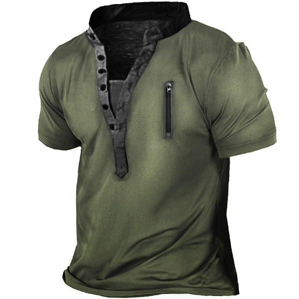 Herren T-Shirt Kurzarm Stehkragen Reißverschluss Tasche Modern
