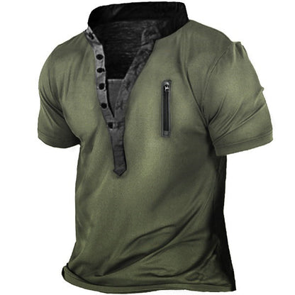 Herren T-Shirt Kurzarm Stehkragen Reißverschluss Tasche Modern