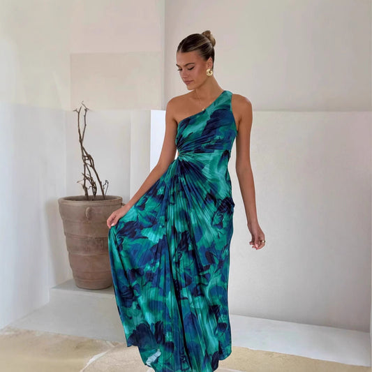 Elegantes Maxikleid Damen Asymmetrisch Falten Chic - BerlinGlamour