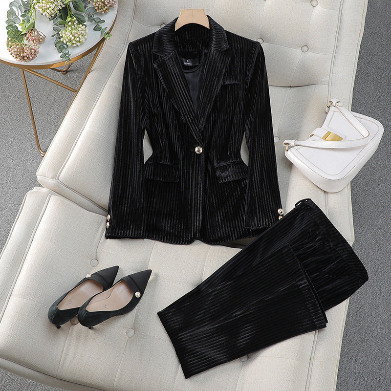 Damen Anzug Set mit Langem Samt Blazer Elegante Business Kleidung