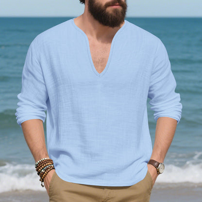 Herren Langarmshirt V-Ausschnitt Baumwoll Modern