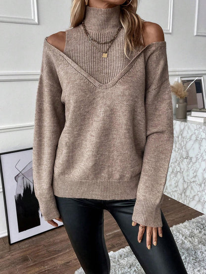 Damen Rollkragenpullover Off-Shoulder Strickweite Frauen
