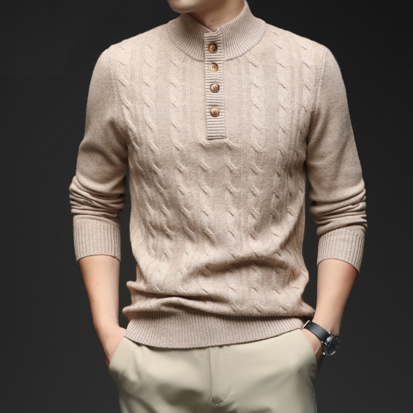 Herren Strickpullover Stehkragen Knopfleiste Elegent Modern