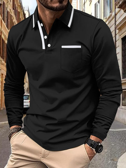 Herren Polohemd Langarm Elegant Kontrastdetails Modern